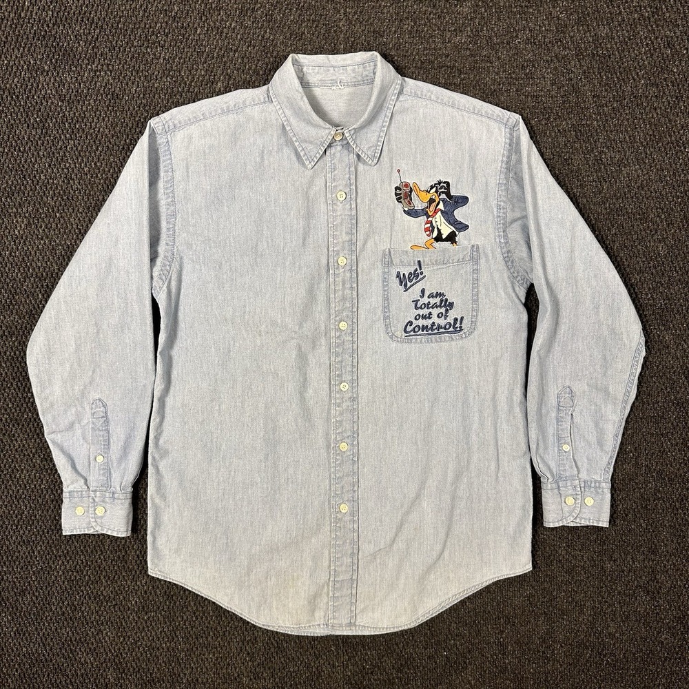 Vintage Warner Bros Daffy Duck Looney Tunes Chambray Shirt Mens M Embroidered